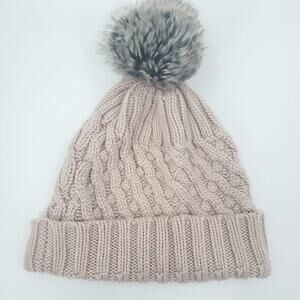 Love & Lore Knitted Pom Pom Beanie Dusty Rose Winter Hat Faux Fur Ribbed